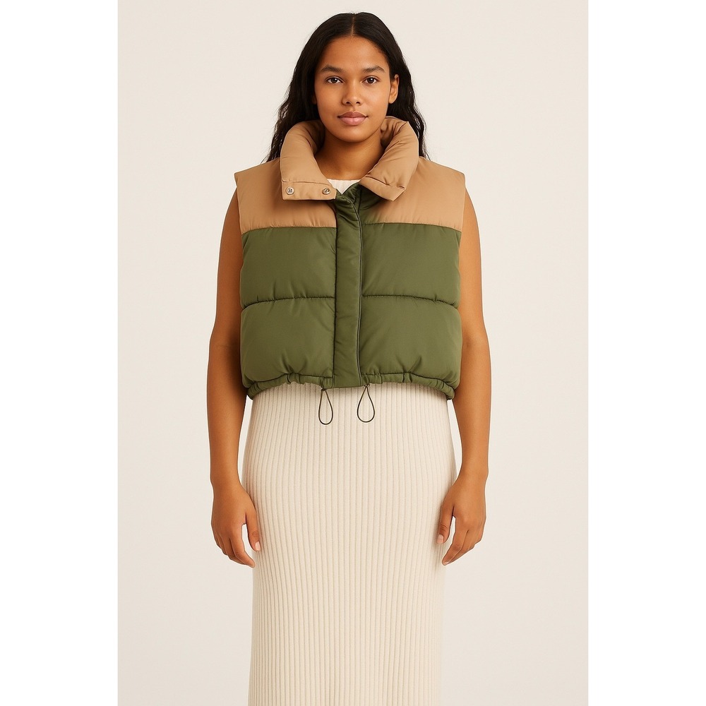 ZARA Colorblock Cropped Puffer Vest XL Green Tan Drawstring Hem Oversized Boxy